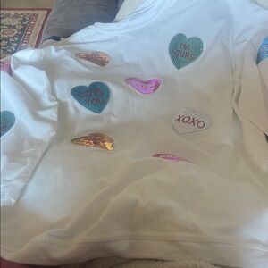 White Long Sleeve Valentines Top with Heart Patches